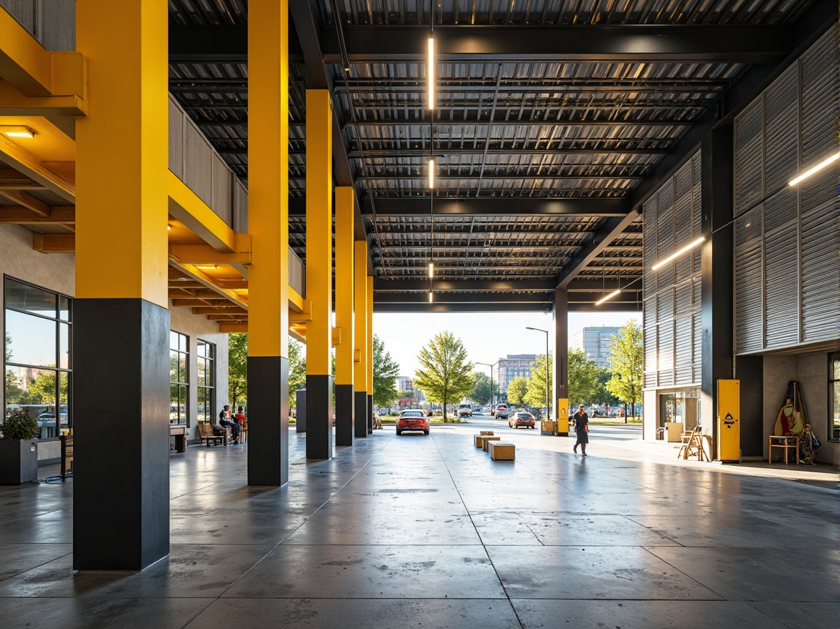 Prompt: Vibrant distribution center, bold industrial architecture, bright yellow accents, exposed steel beams, polished concrete floors, modern LED lighting, sleek metal cladding, geometric patterns, urban cityscape, busy streets, morning sunlight, shallow depth of field, 1/2 composition, realistic textures, ambient occlusion.