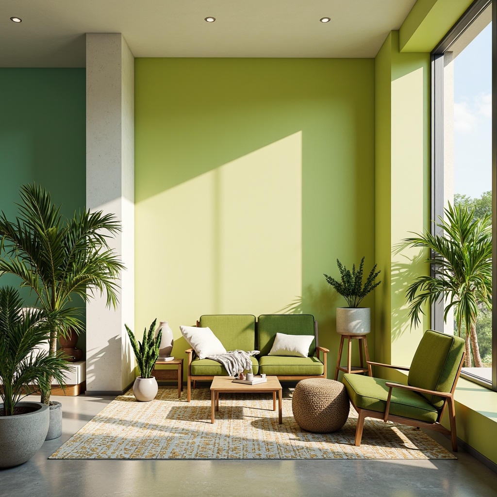 Prompt: Vibrant lime green accents, pastel yellow hues, soft mint undertones, creamy white walls, natural wood textures, modern minimalist furniture, sleek metal frames, geometric patterned rugs, abundant tropical plants, warm sunny day, shallow depth of field, 1/1 composition, realistic reflections, ambient occlusion.