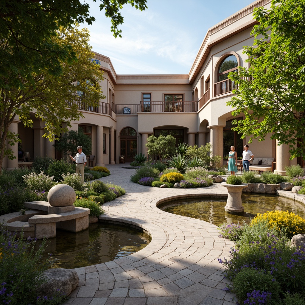 Prompt: Whimsical healthcare center, lush greenery, vibrant flowers, meandering walkways, tranquil ponds, ornate fountains, rustic stone benches, distressed wood accents, soft warm lighting, shallow depth of field, 3/4 composition, panoramic view, realistic textures, ambient occlusion, natural materials, earthy tones, curved lines, grand entrance, stately columns, elegant arches, ornate ironwork, vintage-inspired signage, serene atmosphere, peaceful ambiance.