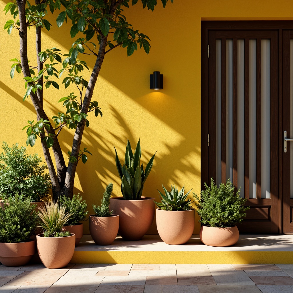 Prompt: Vibrant yellow accents, warm golden hues, rich brown tones, soft creamy whites, deep charcoal grays, bold black outlines, natural wood textures, earthy terracotta pots, lush green foliage, sunny afternoon light, high contrast ratio, 2/3 composition, dramatic shadows, realistic reflections, ambient occlusion.