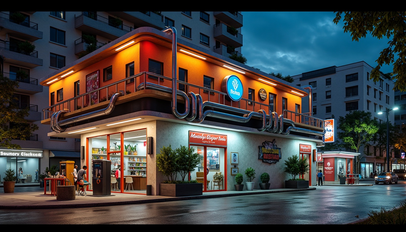 Prompt: Vibrant gas station, eclectic facade design, bold color scheme, irregular shapes, mixed materials, industrial pipes, neon signs, retro-futuristic elements, distressed textures, urban landscape, busy streets, city lights, dramatic night lighting, high-contrast shadows, dynamic composition, 1/2 format, cinematic atmosphere, realistic reflections.