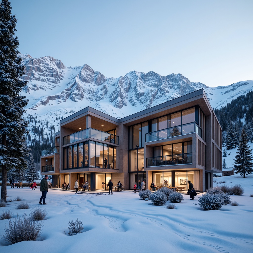 Prompt: Snow-capped mountains, frosty mornings, ski resort architecture, modern facade design, angular lines, metallic materials, glass surfaces, LED lighting installations, dynamic patterns, kinetic structures, wind-resistant designs, snow-load calculations, thermal insulation systems, energy-efficient solutions, sustainable building practices, wooden accents, rustic textures, cozy interior ambiance, warm lighting effects, 3/4 composition, shallow depth of field, panoramic views, realistic renderings, ambient occlusion.