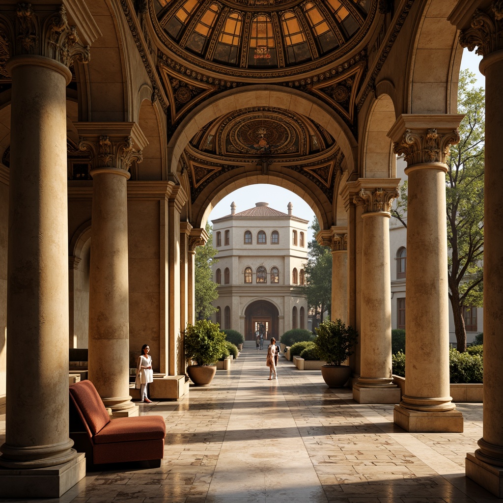 Prompt: Ancient bank building, Romanesque style architecture, robust stone columns, ornate capitals, rounded arches, vaulted ceilings, grand entrance hall, marble floors, intricate mosaics, stained glass windows, warm golden lighting, shallow depth of field, 1/1 composition, symmetrical view, realistic textures, ambient occlusion.