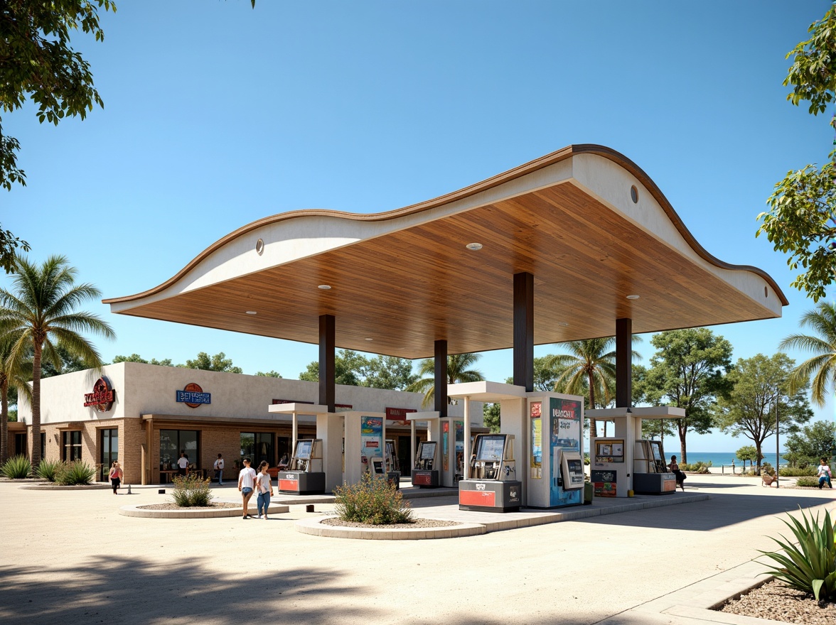 Prompt: Beachside gas station, modern canopy design, curved metal structures, translucent roofing, ocean-inspired architecture, coastal color palette, sandy textures, driftwood accents, nautical-themed signage, fuel pumps with LED lighting, sleek payment terminals, shaded outdoor seating areas, tropical landscaping, palm trees, sunny day, soft warm lighting, shallow depth of field, 3/4 composition, panoramic view, realistic reflections, ambient occlusion.