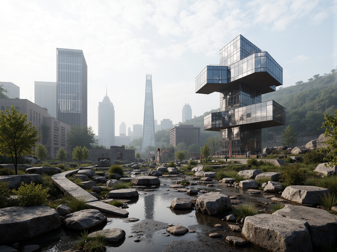 Prompt: Fragmented landscape, rocky outcrops, meandering paths, abstract sculptures, deconstructed buildings, irregular forms, fractured lines, dynamic volumes, cantilevered structures, reflective surfaces, metallic materials, bold color contrasts, dramatic lighting effects, misty atmosphere, shallow depth of field, 1/1 composition, panoramic view, realistic textures, ambient occlusion.