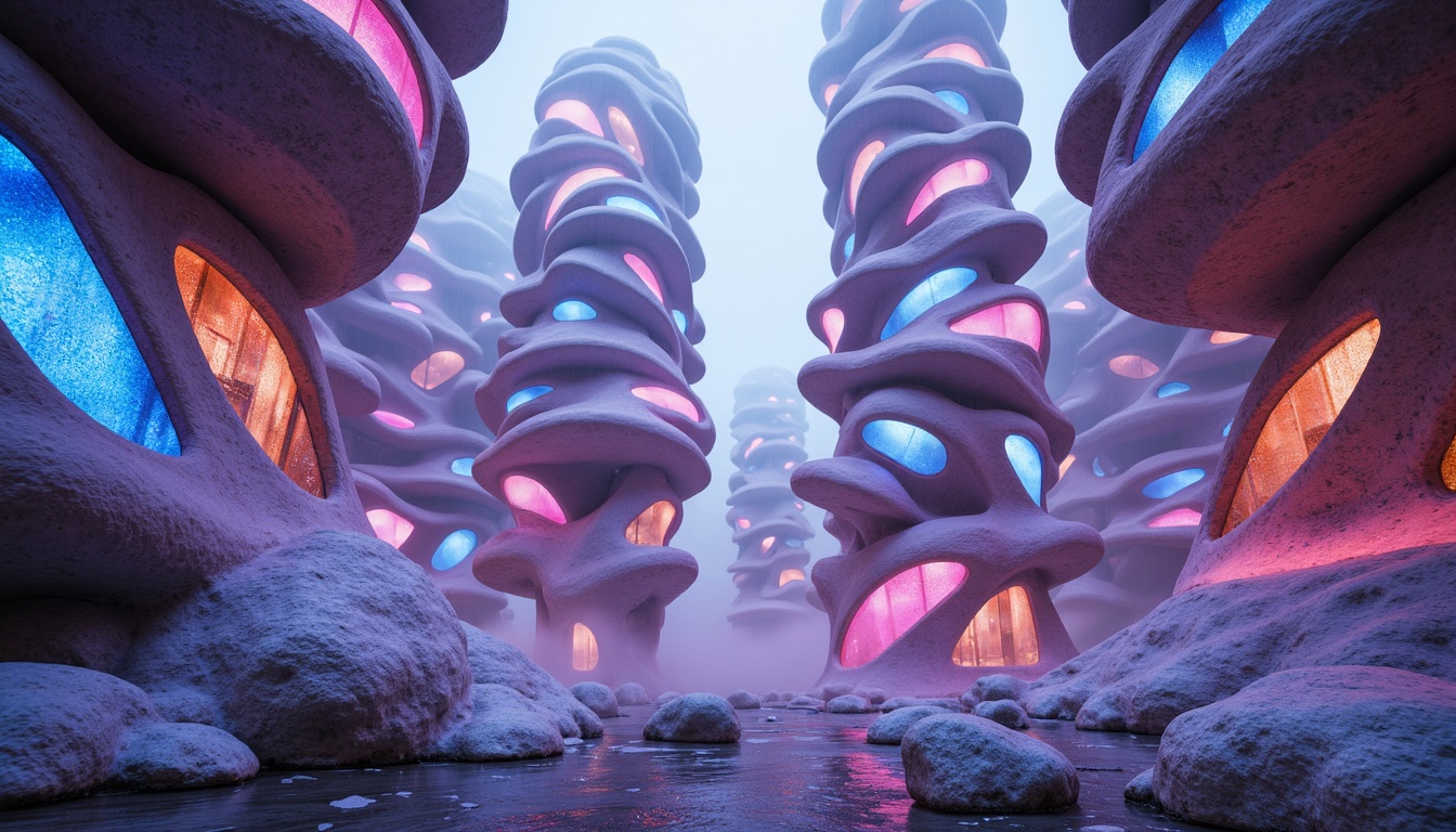 Prompt: Organic, curvaceous towers, iridescent colors, shimmering effects, translucent materials, futuristic architecture, undulating structures, amoeba-inspired shapes, glowing accents, neon lights, misty atmosphere, dreamy ambiance, soft focus, shallow depth of field, 1/1 composition, symmetrical view, vibrant textures, ambient occlusion.