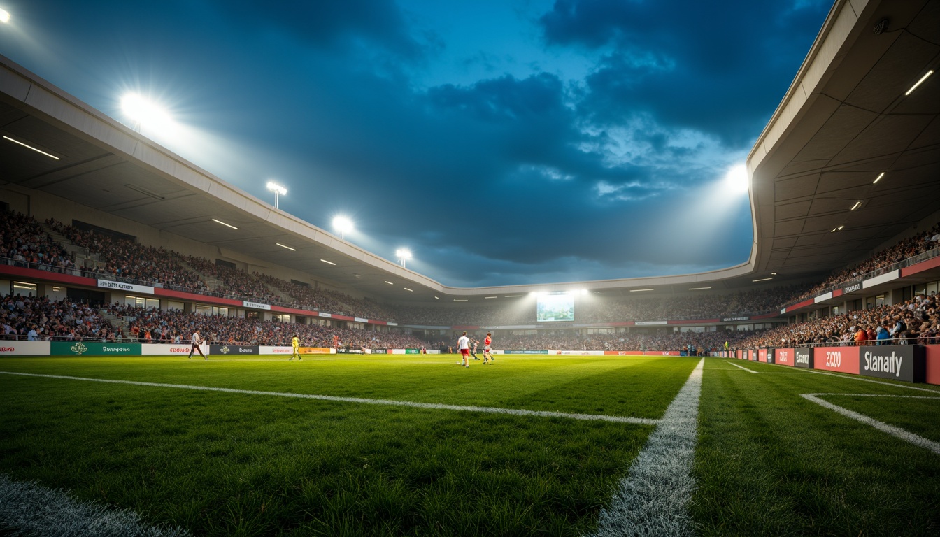 Prompt: Stadium atmosphere, lush green grass, athletic tracks, sports equipment, goalposts, floodlights, LED lighting, warm color temperature, high-contrast ratio, dramatic shadows, dynamic movement, fast-paced action, evening games, misty night air, 1/2 composition, low-angle shot, realistic textures, ambient occlusion.