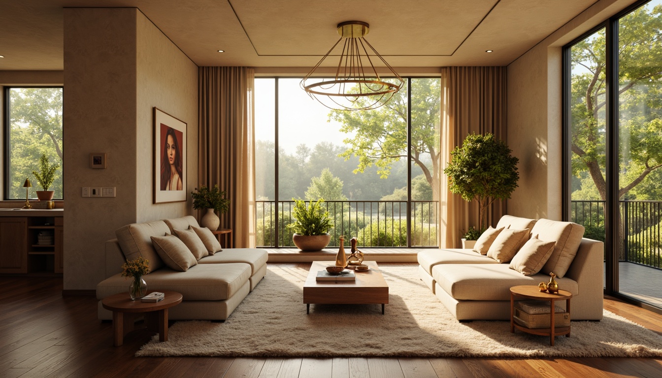 Prompt: Cozy living room, plush sofas, warm beige walls, rich wood flooring, soft golden lighting, comfortable throw pillows, modern minimalist decor, large windows, natural daylight, lush greenery views, elegant chandeliers, sophisticated color palette, calming atmosphere, shallow depth of field, 1/1 composition, realistic textures, ambient occlusion.