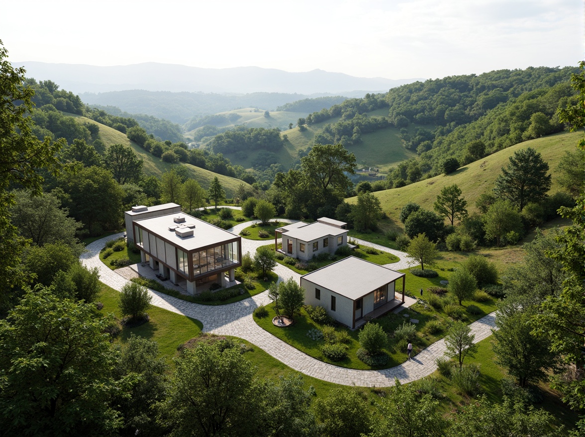 Prompt: Rustic hillside, lush green vegetation, winding stone pathways, modernist Bauhaus buildings, flat roofs, rectangular forms, industrial materials, steel frames, large windows, minimalist decor, functional design, harmonious integration, natural surroundings, rolling hills, serene atmosphere, soft diffused lighting, shallow depth of field, 2/3 composition, panoramic view, realistic textures, ambient occlusion.