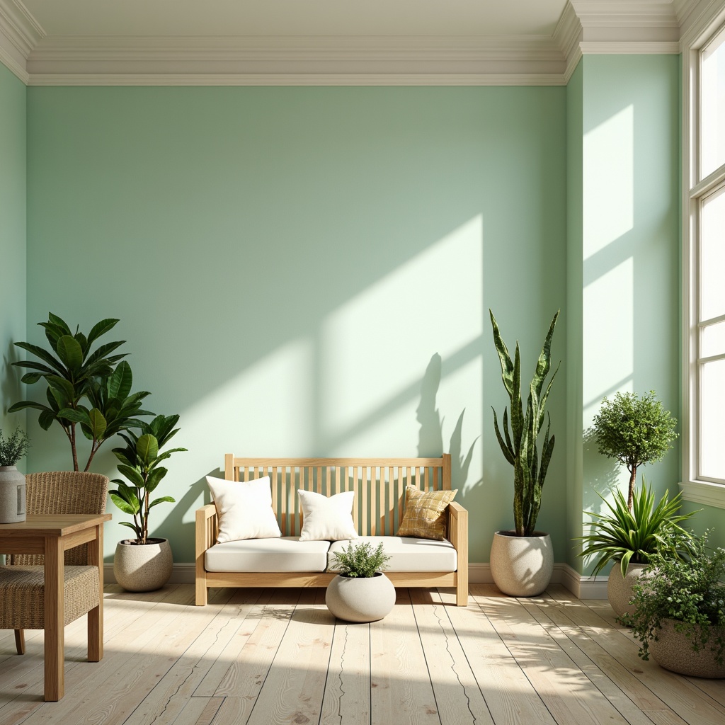 Prompt: Pastel mint walls, soft creamy trim, warm beige floors, natural wood accents, minimalist decor, calming atmosphere, abundant greenery, lush plants, delicate florals, subtle texture overlays, gentle gradient transitions, softbox lighting, shallow depth of field, 1/1 composition, realistic renderings, ambient occlusion.