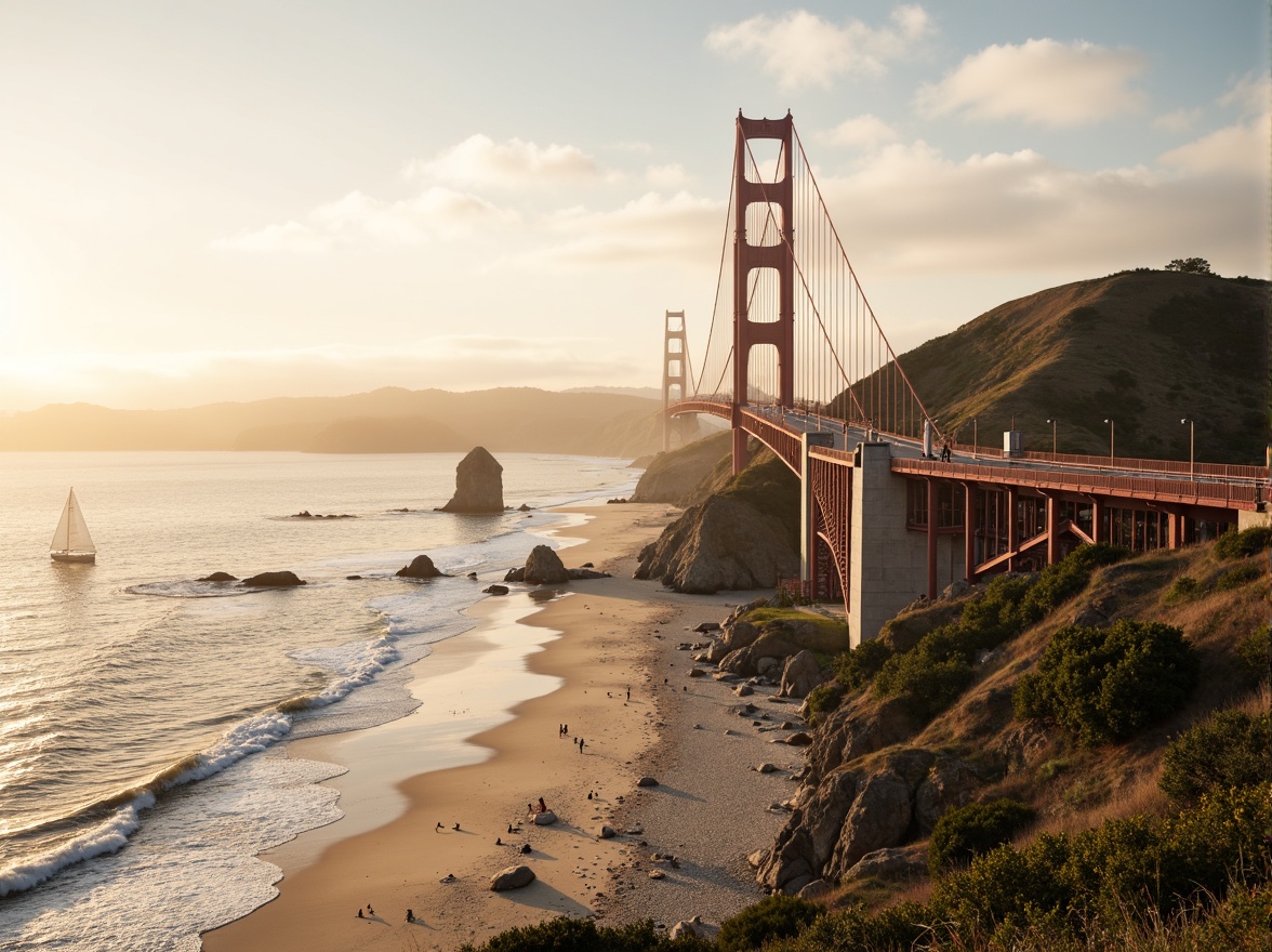 Prompt: Scenic coastal bridge, gentle ocean waves, sandy beach shores, rocky cliffs, misty morning fog, warm golden lighting, modern suspension design, sleek steel cables, sturdy pillars, pedestrian walkways, cyclist lanes, vehicular traffic flow, nautical-themed railings, weathered wooden planks, driftwood accents, seagull silhouettes, sailboat reflections, 1/2 composition, atmospheric perspective, soft focus blur, realistic water simulations.