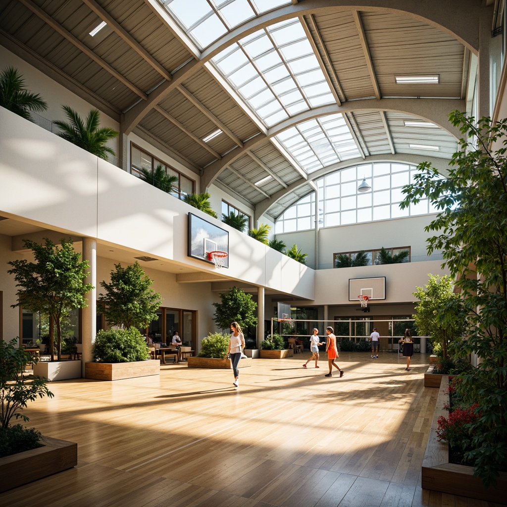 Prompt: Spacious gymnasium, high ceilings, clerestory windows, natural light pouring in, athletic equipment, basketball hoops, volleyball nets, exercise machines, wooden floors, mirrored walls, modern architecture, minimalist design, abundant greenery, lush plants, vibrant colors, warm atmosphere, soft shadows, shallow depth of field, 1/1 composition, realistic textures, ambient occlusion.