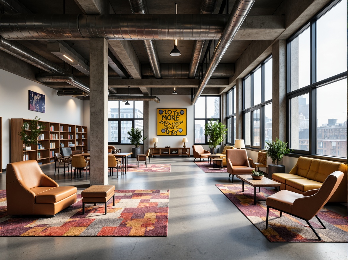 Prompt: Minimalist library interior, industrial chic aesthetic, exposed ductwork, polished concrete floors, steel beams, functional shelving units, geometric furniture, leather armchairs, wooden tables, metal lamps, natural light pouring in, large windows, open floor plan, flexible reading areas, cozy nooks, vibrant color accents, graphic textiles, abstract artwork, modern typography, 1/1 composition, softbox lighting, shallow depth of field, realistic textures.