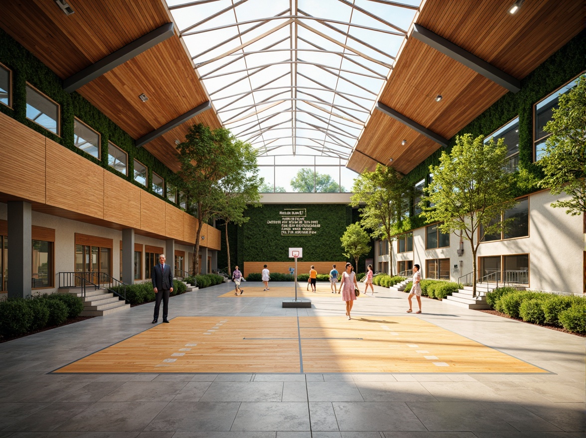 Prompt: Spacious gymnasium interior, high ceilings, clerestory windows, skylights, transparent roof, natural stone flooring, wooden accents, athletic equipment, basketball hoops, volleyball nets, exercise machines, mirrored walls, motivational quotes, bright color scheme, abundant greenery, living walls, vertical gardens, soft warm lighting, shallow depth of field, 1/1 composition, realistic textures, ambient occlusion.