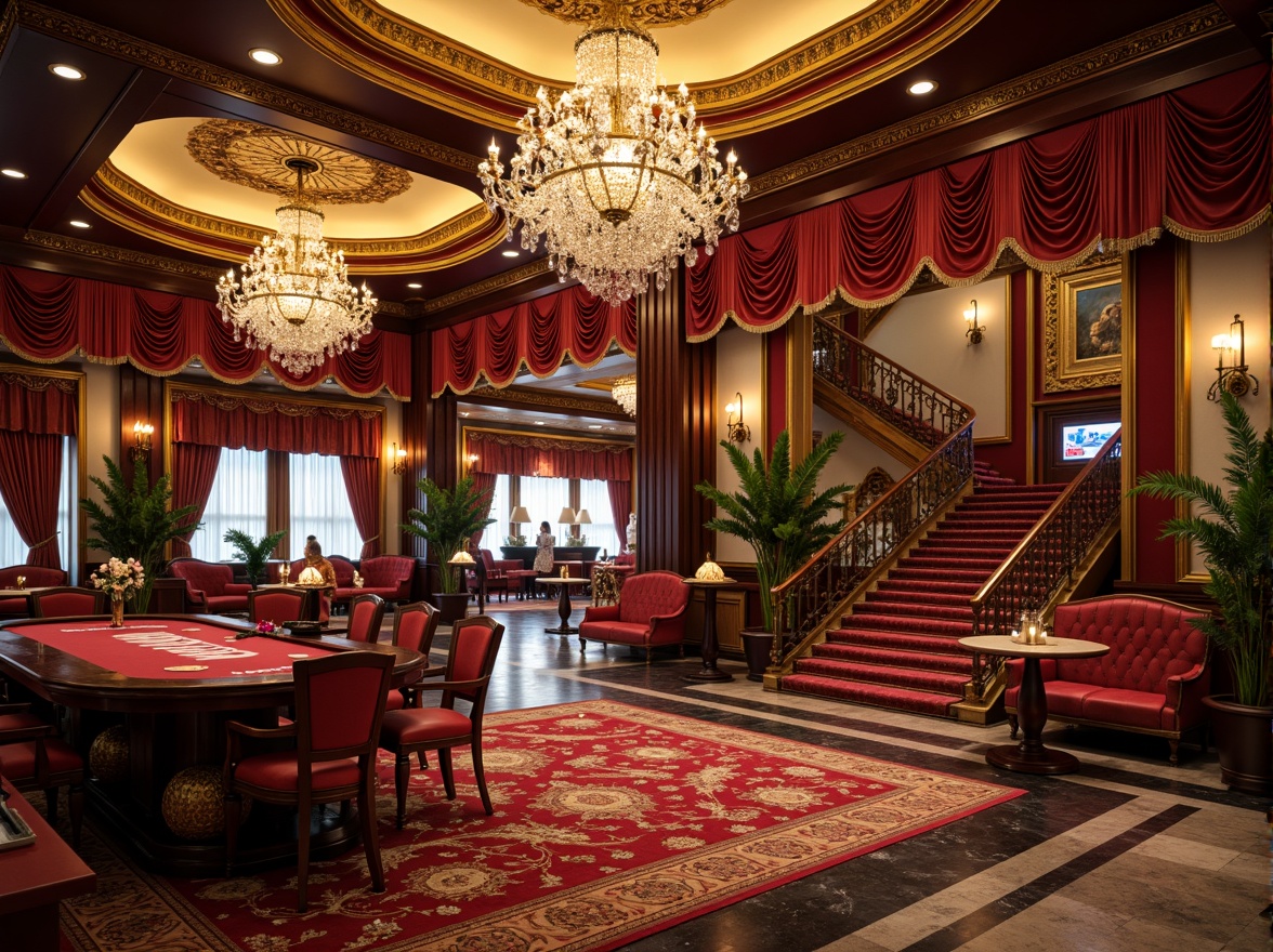 Prompt: Luxurious casino interior, rich velvet fabrics, ornate golden accents, crystal chandeliers, marble floors, lavish furnishings, plush carpets, intricate moldings, Baroque-inspired details, warm ambient lighting, soft focus, shallow depth of field, 1/2 composition, romantic atmosphere, nostalgic vibe, vintage decorative elements, antique furniture pieces, opulent drapery, grand staircases, majestic columns, ornamental ceilings, dramatic archways.