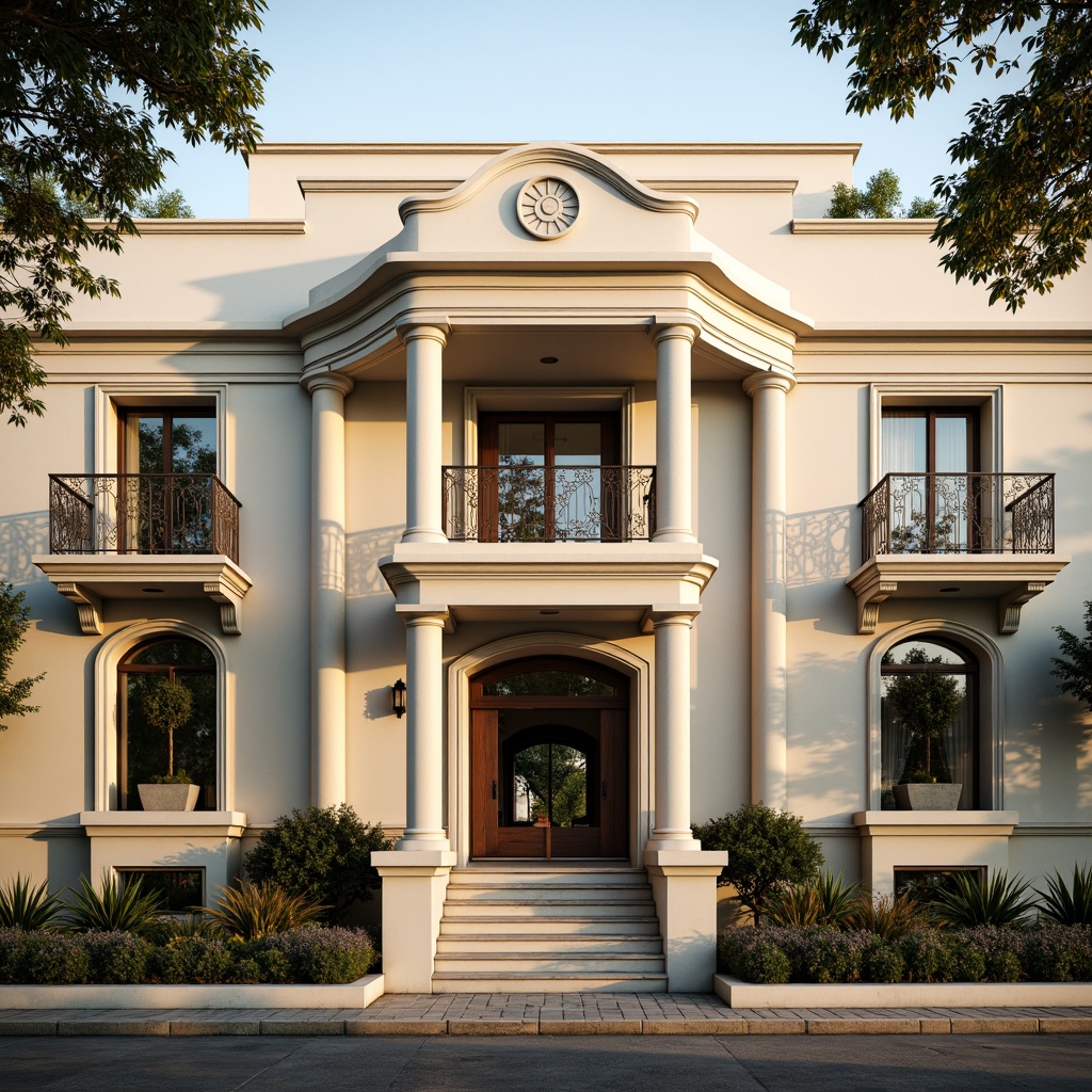 Prompt: Elegant social housing facade, neoclassical architecture style, symmetrical composition, ornate details, grand entrance, ionic columns, decorative pilasters, rusticated base, arched windows, balconies with intricate metalwork, soft cream-colored stucco, subtle texture variations, warm golden lighting, shallow depth of field, 1/2 composition, realistic materials, ambient occlusion.