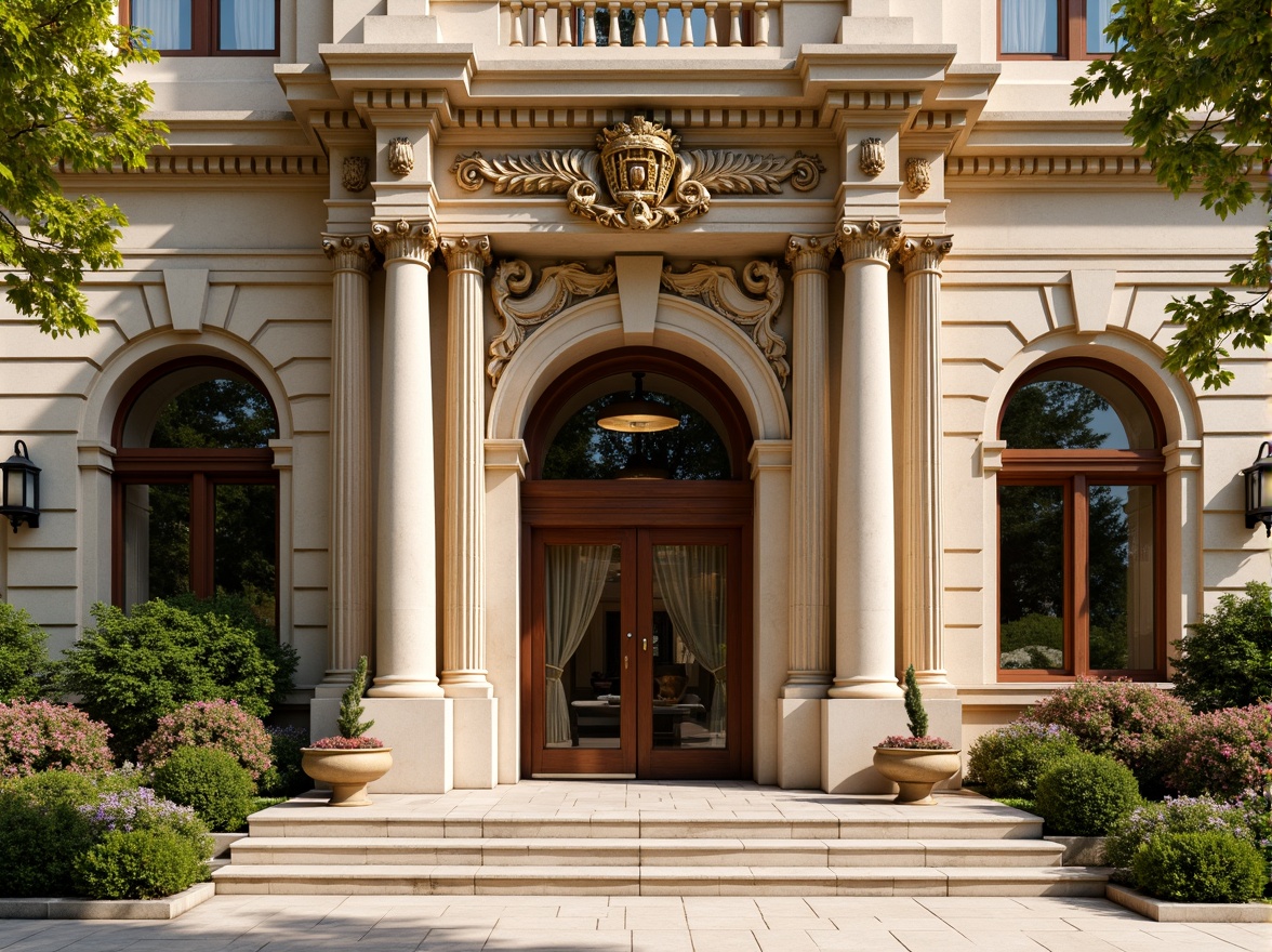 Prompt: Ornate bank facade, grandiose entrance, intricately carved stonework, ornamental columns, sweeping arches, rusticated base, decorative cornices, classical pediments, richly textured stone walls, warm beige color palette, subtle golden accents, elegant lanterns, refined metalwork, lush greenery, blooming flowers, sunny day, soft warm lighting, shallow depth of field, 3/4 composition, realistic textures, ambient occlusion.