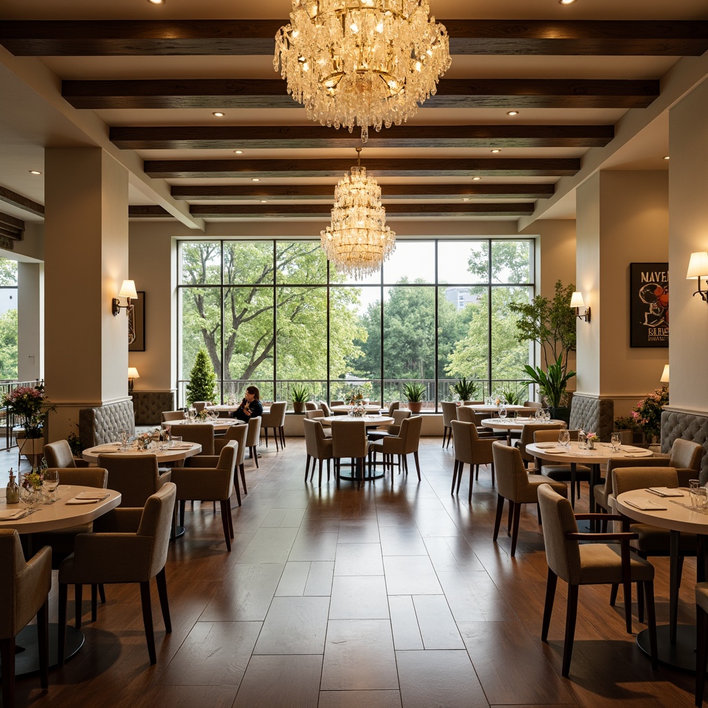 Prompt: Spacious dining hall, elegant chandeliers, polished wooden floors, comfortable seating areas, rectangular tables, upholstered chairs, decorative centerpieces, warm ambient lighting, soft cream colors, modern minimalist decor, floor-to-ceiling windows, natural daylight, lush greenery views, subtle textures, 1/2 composition, shallow depth of field, realistic reflections.