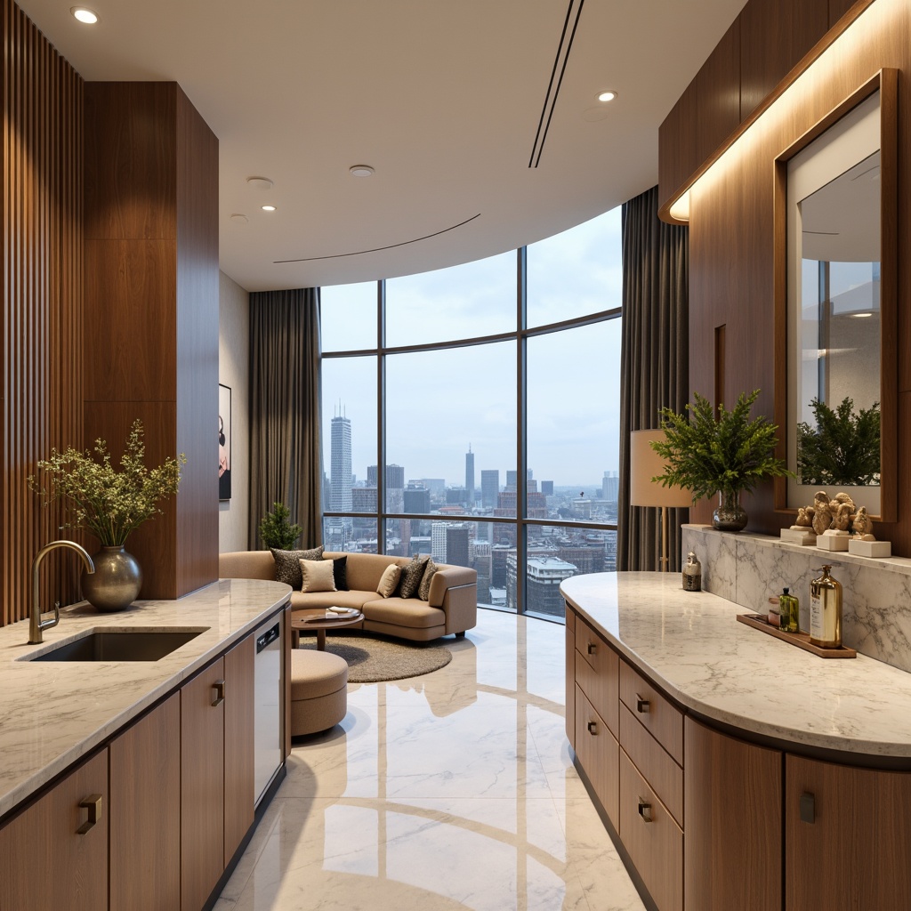 Prompt: Luxurious penthouse interior, rich wood accents, sleek metal fixtures, lavish marble countertops, plush velvet upholstery, sophisticated neutral tones, creamy whites, warm beige, soft grays, taupe undertones, subtle gold hardware, ambient warm lighting, dramatic cityscape views, floor-to-ceiling windows, minimalist decor, modern abstract art, elegant curves, refined textures, 1/1 composition, shallow depth of field, realistic reflections.