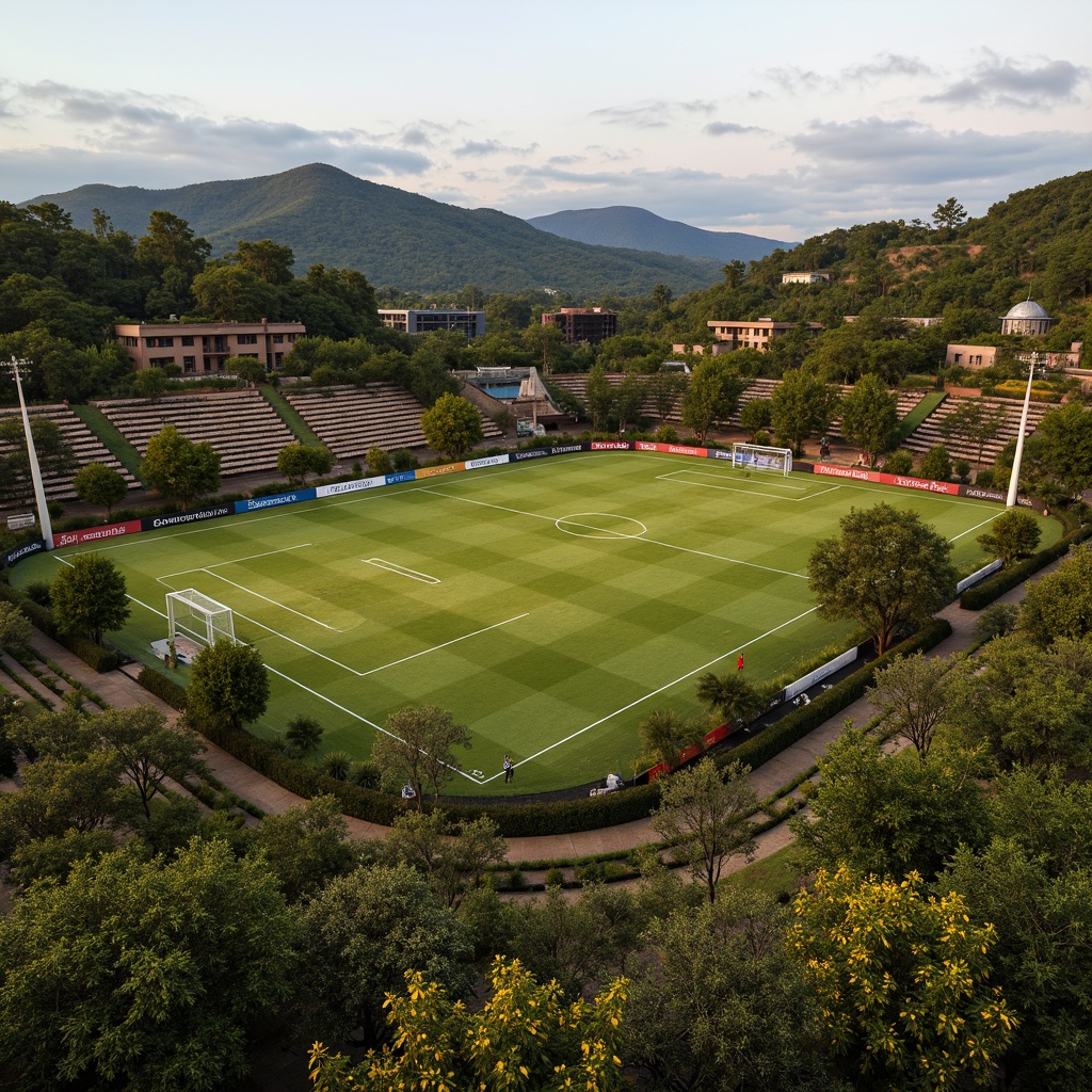 Prompt: Savanna landscape, lush green grass, scattered acacia trees, rolling hills, natural stone terracing, rustic wooden fences, soccer stadium architecture, curved grandstands, vibrant team colors, floodlighting, evening atmosphere, warm golden lighting, shallow depth of field, 3/4 composition, panoramic view, realistic textures, ambient occlusion, tropical plants, exotic flowers, meandering pathways, organic shapes, earthy tones, natural materials, eco-friendly design.