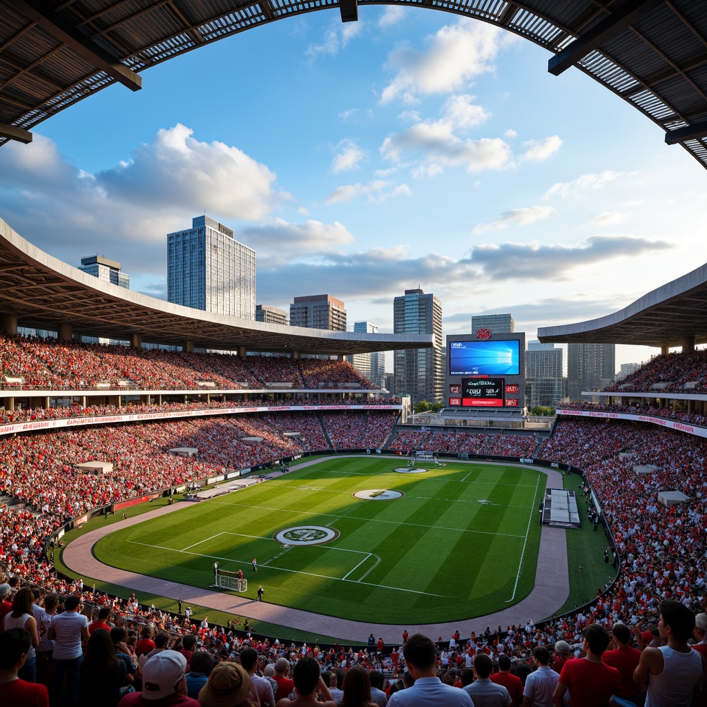 Prompt: Vibrant football stadium, energetic crowd, bold team colors, dynamic LED lighting, sleek modern architecture, angular lines, metallic materials, lush green grass, athletic track, scoreboard displays, goalposts, stadium seating, urban cityscape, cloudy blue sky, warm sunny day, shallow depth of field, 3/4 composition, panoramic view, realistic textures, ambient occlusion.