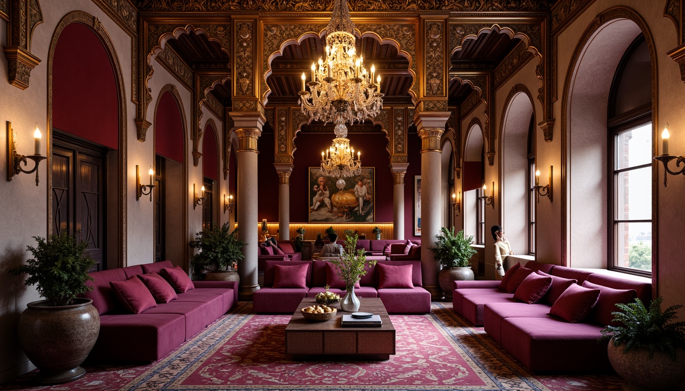 Prompt: Rich plum accents, luxurious velvet textures, ornate golden details, majestic archways, grandiose columns, lavish furnishings, opulent chandeliers, regal atmosphere, sophisticated color scheme, warm ambient lighting, shallow depth of field, 1/2 composition, realistic reflections, intricate patterns, Moorish-inspired architecture, exotic cultural influences, vibrant jewel-toned hues.