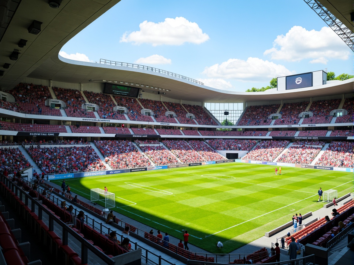 Prompt: Streamlined soccer stadium, curved lines, aerodynamic shapes, vibrant team colors, tiered seating arrangement, comfortable cushioned chairs, ample legroom, ergonomic design, sleek metal railings, transparent glass barriers, modern LED scoreboards, dynamic lighting systems, lush green grass, sunny day, shallow depth of field, 3/4 composition, panoramic view, realistic textures, ambient occlusion.