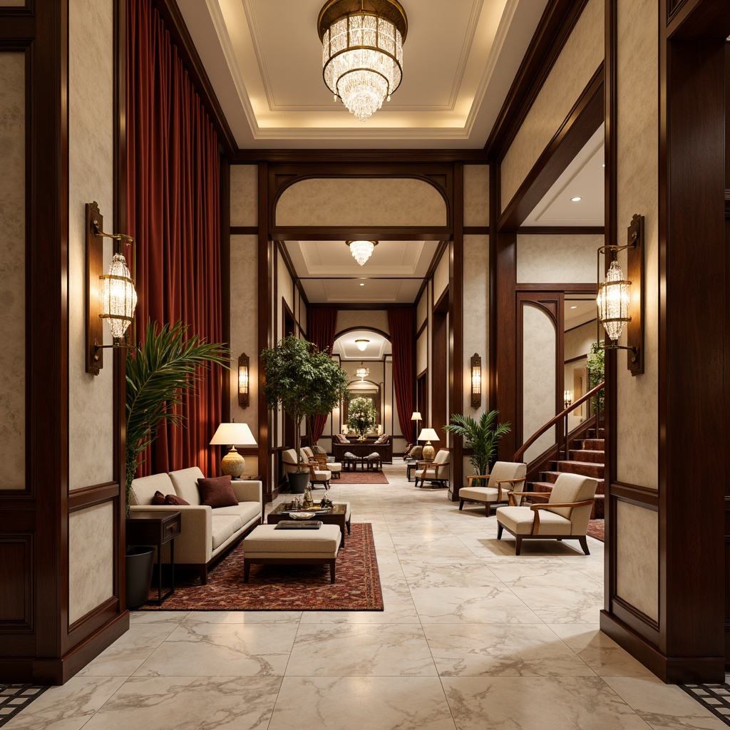 Prompt: Luxurious hotel lobby, rich wood tones, ornate furnishings, velvet drapes, golden accents, crystal chandeliers, marble floors, soft warm lighting, elegant archways, grand staircases, refined classicism style, muted earthy colors, beige walls, cream ceilings, dark wood paneling, subtle patterned carpets, sophisticated ambiance, warm inviting atmosphere, 1/1 composition, shallow depth of field, realistic textures.