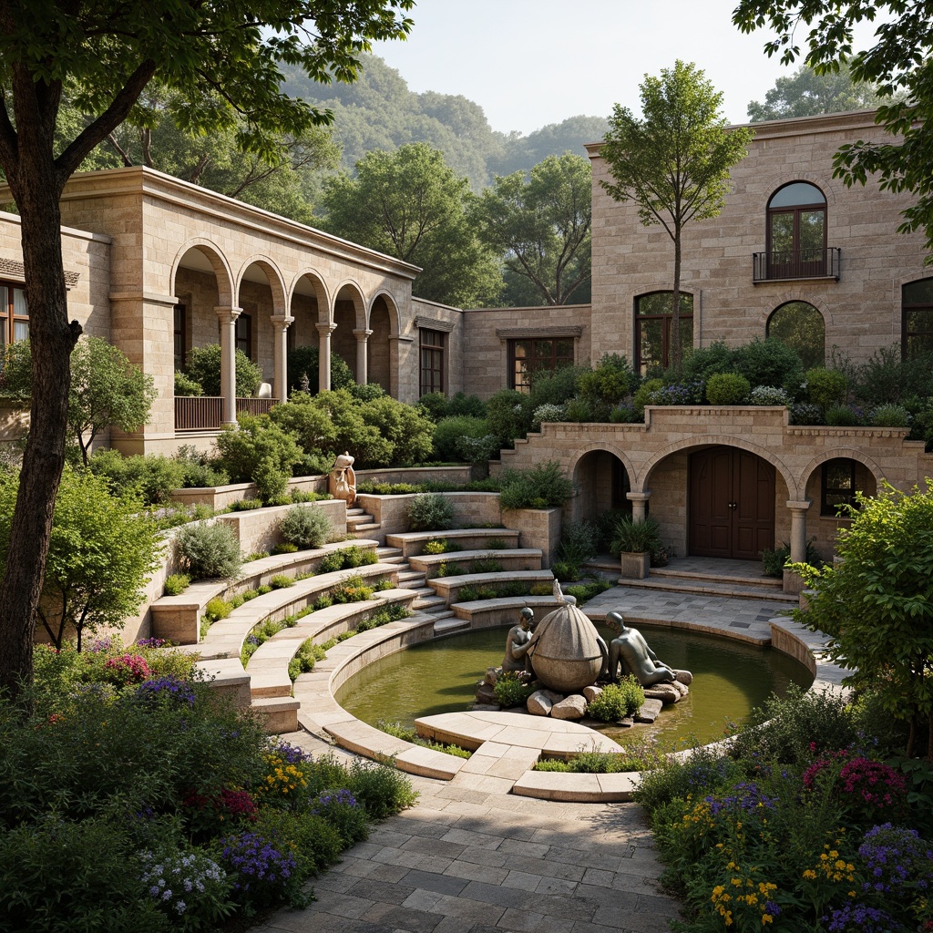 Prompt: Lush greenery, vibrant flowers, rustic stone walls, curved archways, grand amphitheater, Romanesque architecture, ornate carvings, weathered bronze statues, natural stone seating, tiered landscaping, meandering walkways, tranquil water features, soft warm lighting, shallow depth of field, 3/4 composition, panoramic view, realistic textures, ambient occlusion.