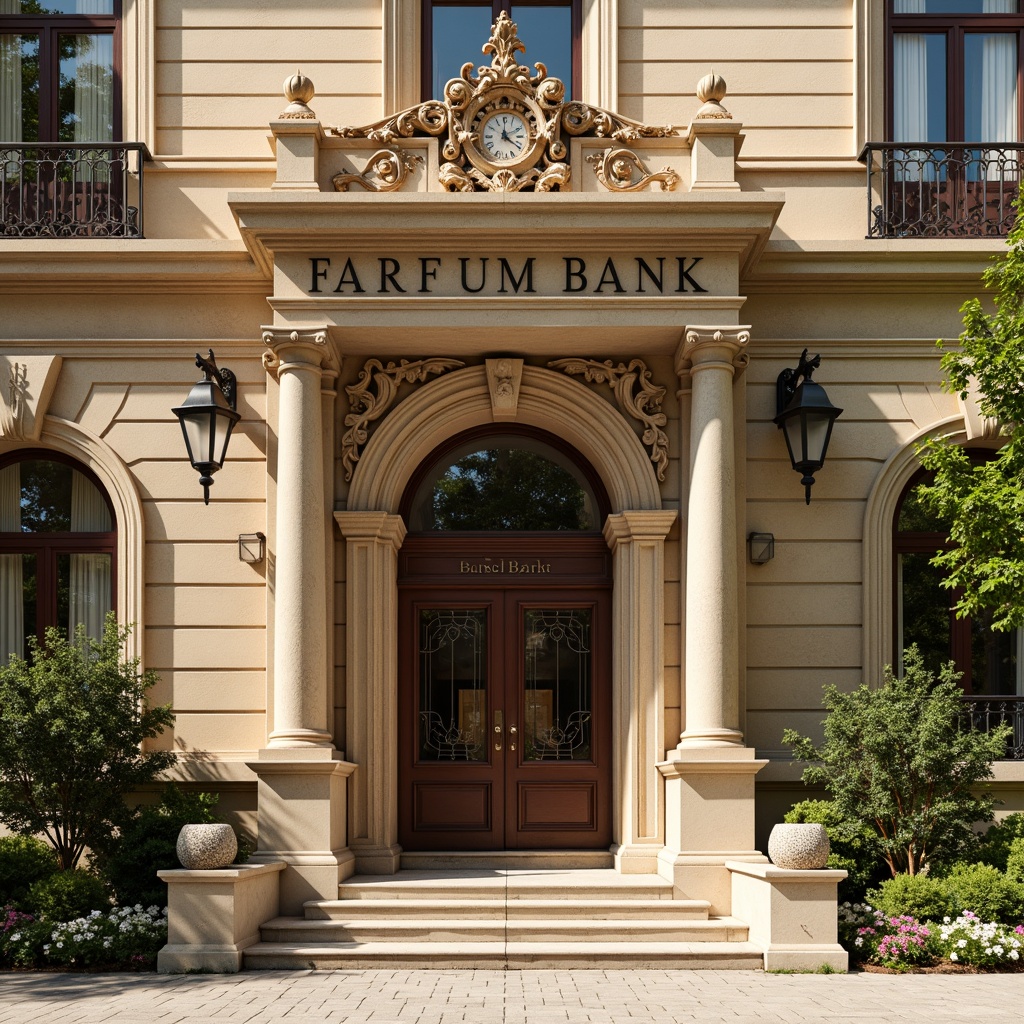 Prompt: Ornate bank facade, grandiose entrance, intricately carved stonework, ornamental columns, sweeping arches, rusticated base, decorative cornices, classical pediments, richly textured stone walls, warm beige color palette, subtle golden accents, elegant lanterns, refined metalwork, lush greenery, blooming flowers, sunny day, soft warm lighting, shallow depth of field, 3/4 composition, realistic textures, ambient occlusion.