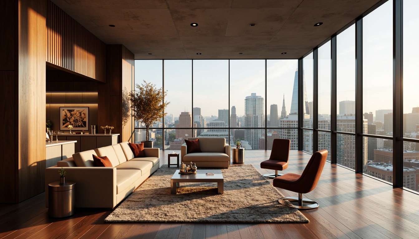 Prompt: Luxurious penthouse interior, rich wood flooring, velvety soft carpets, sleek marble countertops, metallic accents, glass railings, floor-to-ceiling windows, breathtaking city views, modern minimalist decor, ambient warm lighting, shallow depth of field, 1/1 composition, realistic reflections, detailed normal maps.