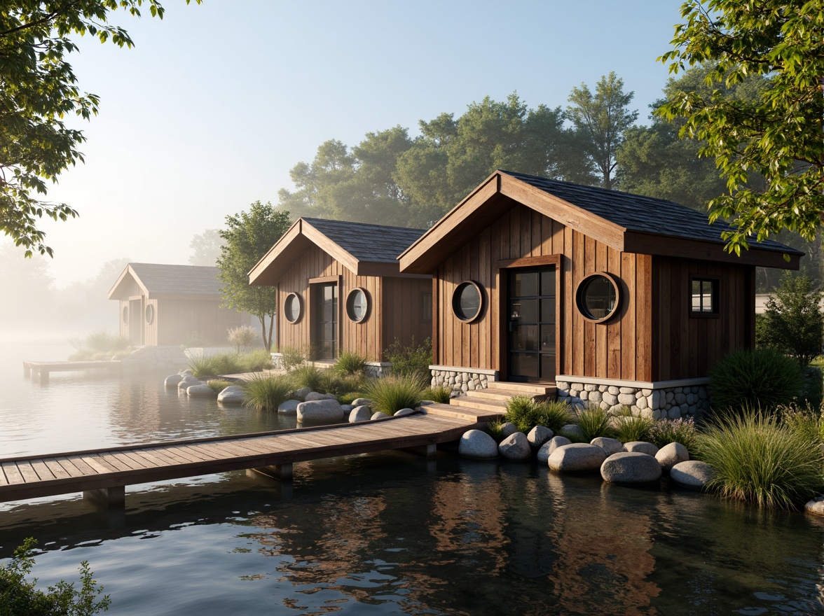 Prompt: Waterfront location, serene lake views, wooden dock, rustic boathouse, natural stone foundation, wooden accents, nautical decorations, porthole windows, curved rooflines, weathered wood textures, soft warm lighting, shallow depth of field, 1/1 composition, realistic reflections, ambient occlusion, lush greenery, surrounding trees, misty morning atmosphere.