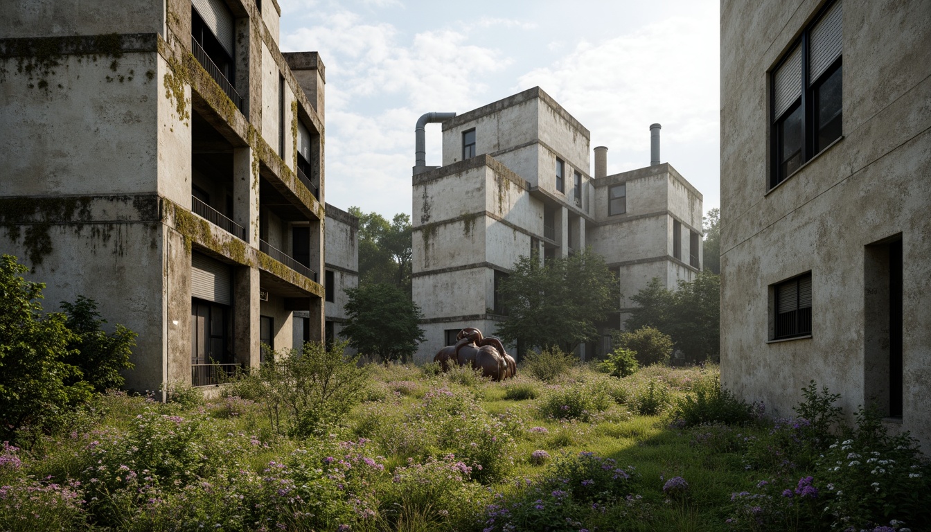 Prompt: Rugged brutalist buildings, raw concrete textures, fortress-like structures, overgrown vegetation, wildflowers, moss-covered walls, industrial landscapes, abandoned factories, crumbling infrastructure, distressed metal accents, exposed ductwork, brutalist sculptures, harsh natural lighting, dramatic shadows, 3/4 composition, low-angle shot, gritty realistic renderings, ambient occlusion.