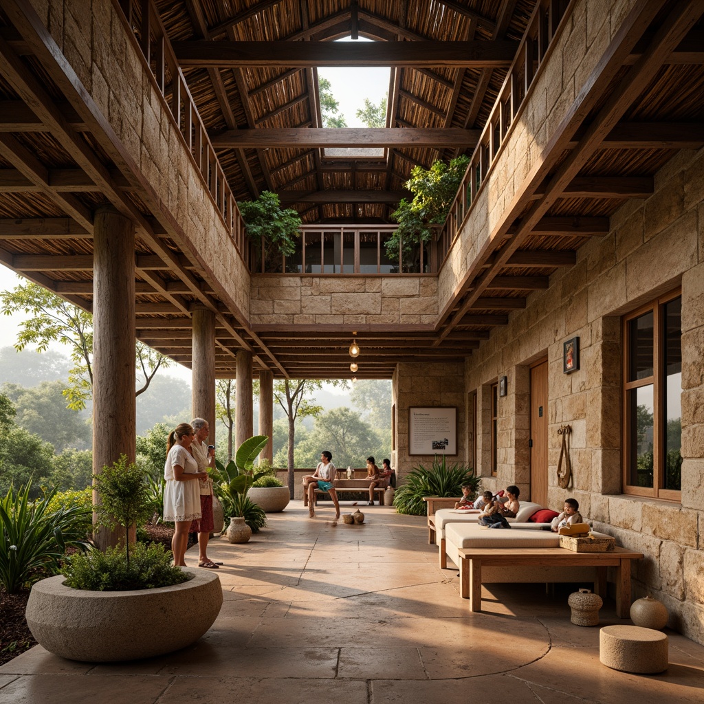 Prompt: Rustic visitor center, earthy tones, natural stone walls, wooden accents, thatched roofs, local craftsmanship, traditional building techniques, earthen floors, woven bamboo ceilings, reclaimed wood furniture, earthy color palette, warm soft lighting, shallow depth of field, 1/1 composition, intimate scale, organic forms, regional cultural heritage, immersive exhibits, interactive displays, educational signage, lush greenery surroundings, native plant species, serene atmosphere, misty morning light.