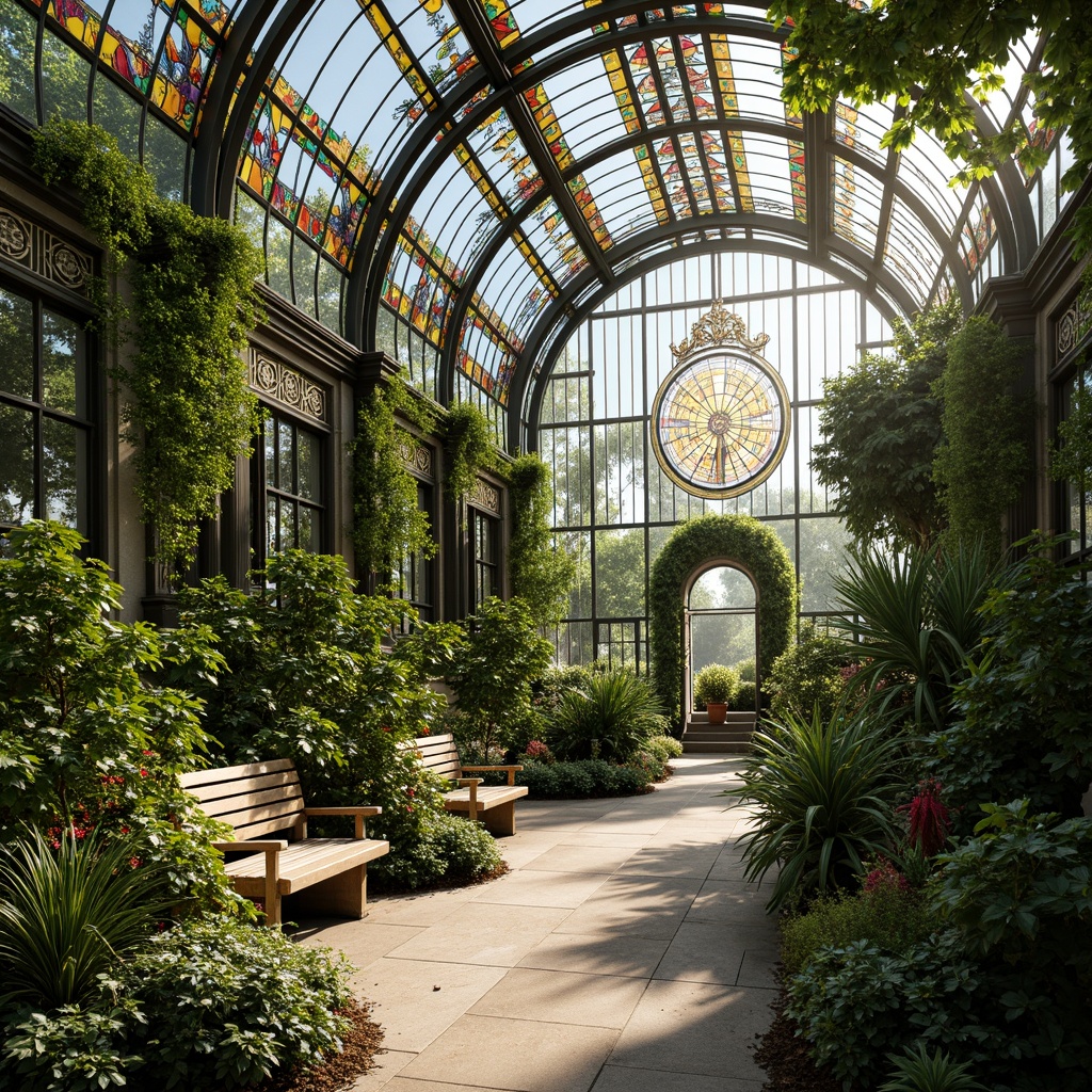 Prompt: Intricate Art Nouveau greenhouse, lush greenery, exotic plants, ornate metal framework, stained glass windows, vibrant floral patterns, soft natural lighting, warm sunny day, gentle misting system, delicate tendrils, curved lines, organic shapes, elegant wooden benches, rustic stone pathways, serene ambiance, shallow depth of field, 1/1 composition, realistic textures, ambient occlusion.