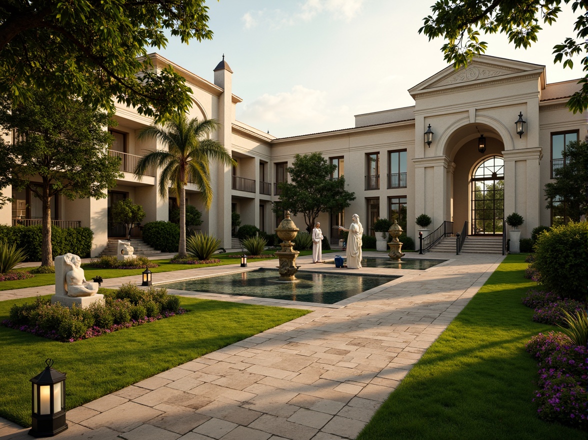 Prompt: Manicured lawns, ornate fountains, majestic statues, symmetrical gardens, vibrant flowerbeds, meandering walkways, rustic stone paths, lantern-lined driveways, grand entrance gates, elegant hotel facade, neoclassical architecture, columns and arches, soft warm lighting, shallow depth of field, 3/4 composition, panoramic view, realistic textures, ambient occlusion.