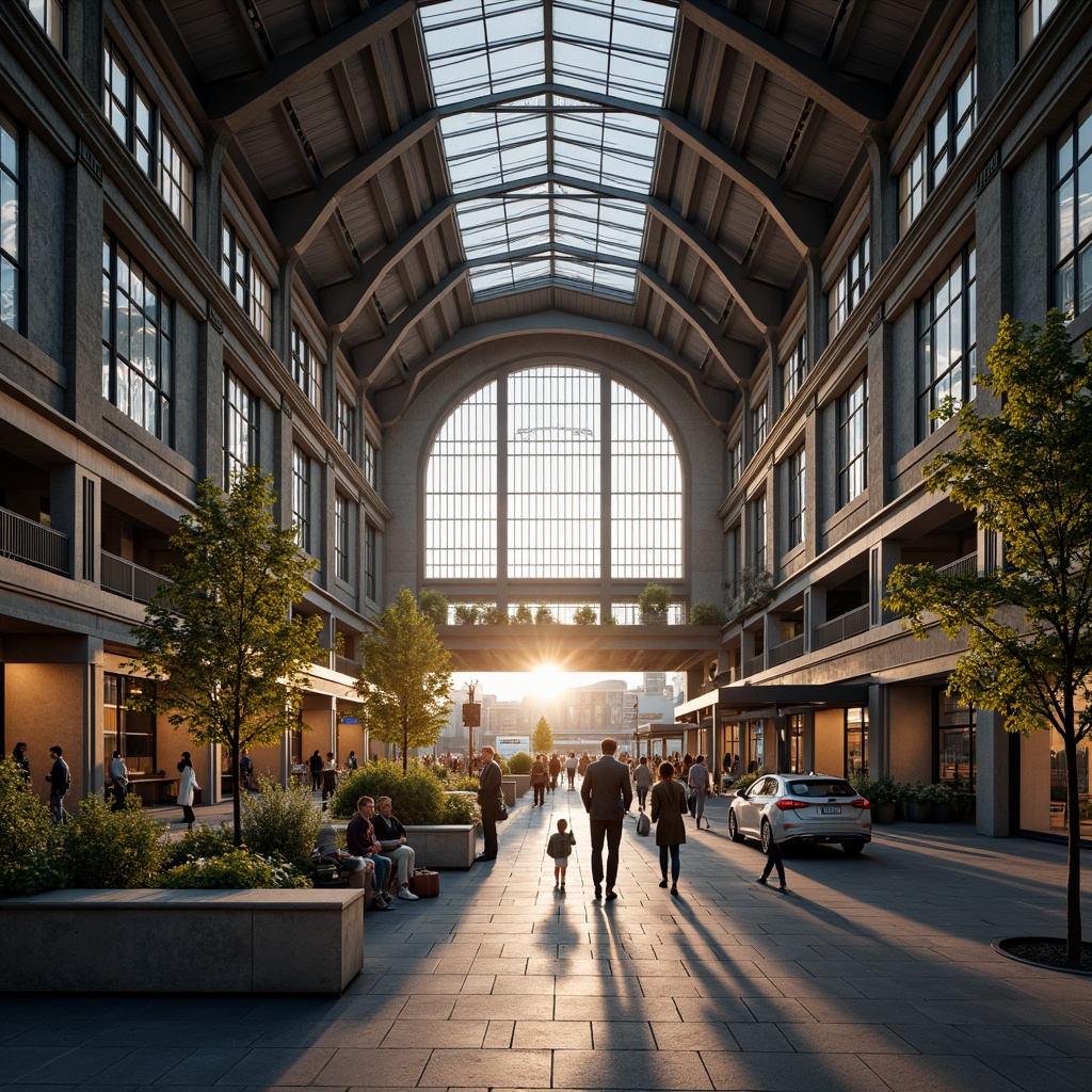 Prompt: Grand train station, high ceilings, large windows, natural light pouring in, steel beams, industrial architecture, modern design, urban atmosphere, busy commuters, rush hour scene, soft warm lighting, shallow depth of field, 1/1 composition, realistic textures, ambient occlusion, glass roofs, skylights, clerestory windows, open spaces, pedestrian walkways, public art installations, urban furniture, greenery, plants, trees.