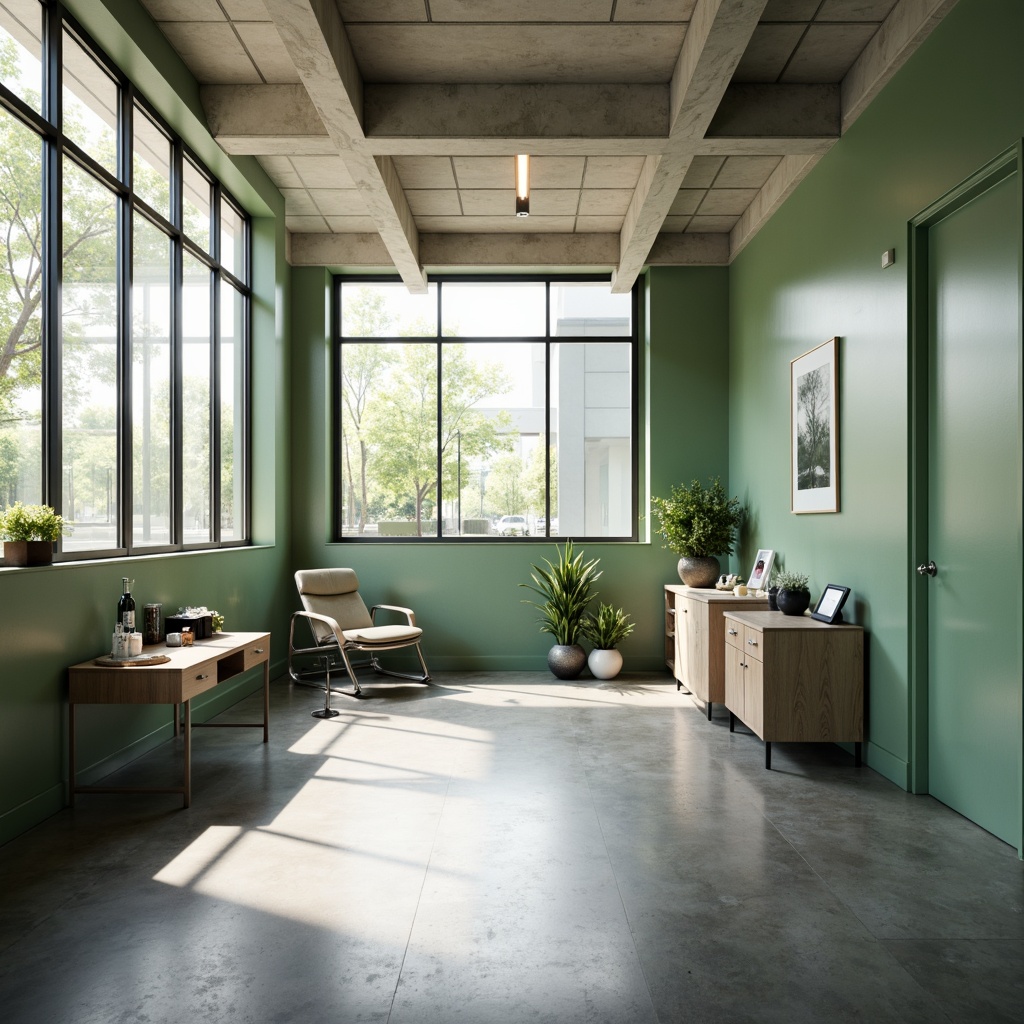 Prompt: Minimalist clinic interior, clean lines, monochromatic color scheme, sleek metal furniture, polished concrete floors, abundant natural light, floor-to-ceiling windows, green walls, calming ambiance, modern medical equipment, stainless steel surfaces, ergonomic chairs, minimalist decor, subtle textures, soft warm lighting, shallow depth of field, 3/4 composition, realistic renderings, ambient occlusion.