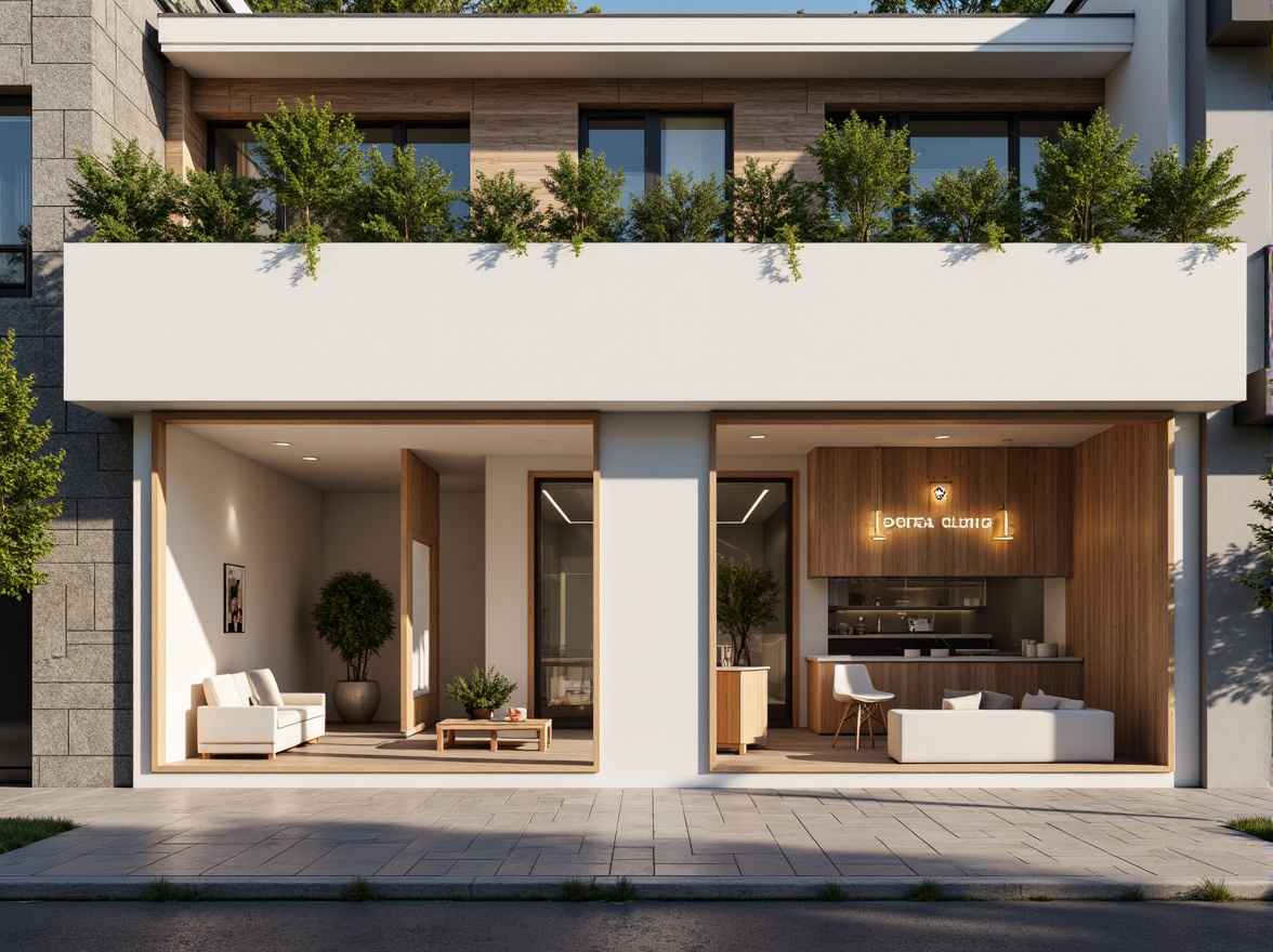 Prompt: Simple dental clinic facade, clean lines, minimal ornamentation, large glass windows, sliding doors, neutral color palette, white walls, wooden accents, subtle textures, natural stone flooring, modern LED lighting, soft warm ambiance, shallow depth of field, 1/1 composition, realistic reflections, ambient occlusion, urban cityscape, morning sunlight, gentle shadows.