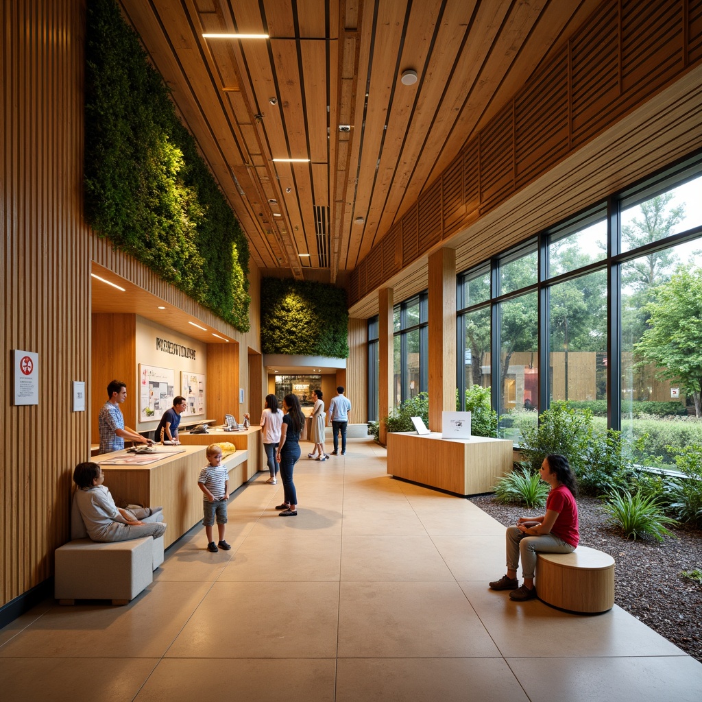 Prompt: Vibrant visitor center, warm earthy tones, natural wood accents, living green walls, educational exhibits, interactive displays, modern minimalist architecture, large windows, sliding glass doors, abundant natural light, soft warm lighting, shallow depth of field, 3/4 composition, panoramic view, realistic textures, ambient occlusion.