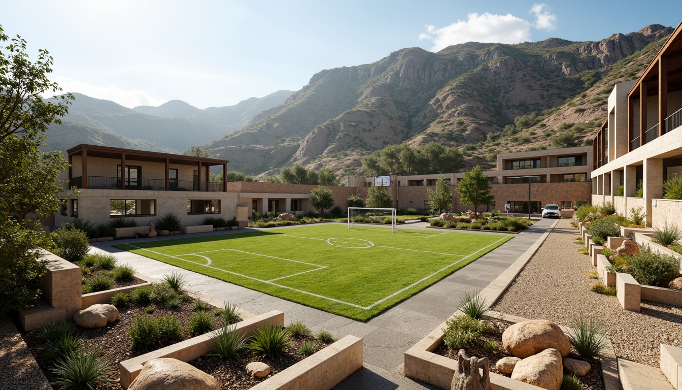 Prompt: Rustic sports field, undulating terrain, natural stone walls, weathered wood fences, vibrant green grass, athletic tracks, soccer goals, basketball hoops, tennis courts, modernist structural elements, exposed steel beams, concrete foundations, geometric shapes, minimalist landscaping, drought-resistant plants, succulent gardens, gravel pathways, sunny day, high-contrast lighting, dramatic shadows, 1/2 composition, wide-angle lens, realistic textures, ambient occlusion.