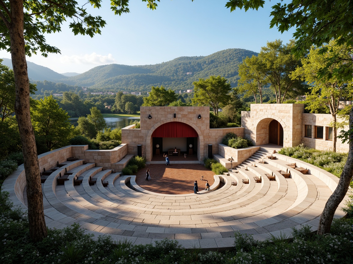 Prompt: Natural stone amphitheater, tiered seating, lush greenery surroundings, warm sunny day, clear blue sky, gentle breeze, sound-reflecting surfaces, optimized speaker placement, curved acoustic panels, wooden stage flooring, comfortable audience seating, intimate performance setting, soft warm lighting, shallow depth of field, 3/4 composition, panoramic view, realistic textures, ambient occlusion.