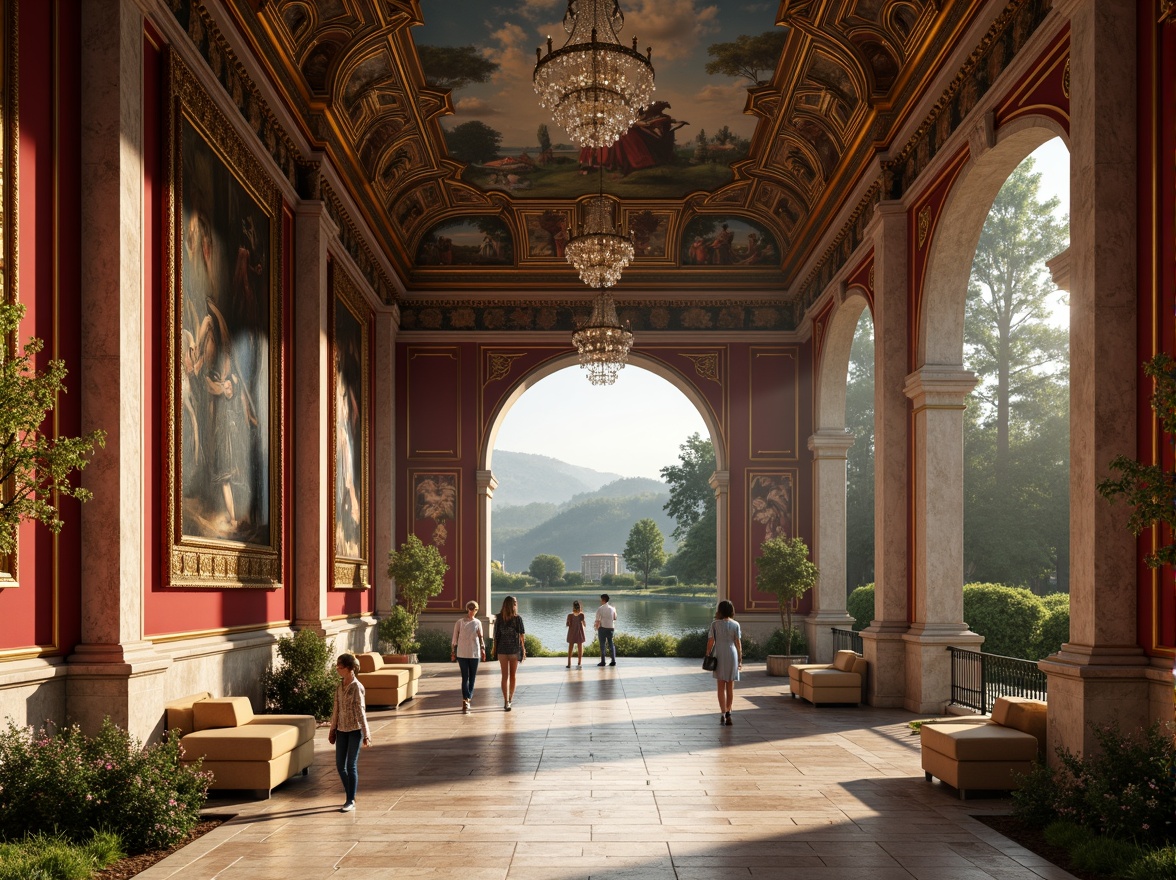 Prompt: Grand Renaissance-style gallery, ornate golden frames, lavish velvet drapes, marble floors, crystal chandeliers, majestic stone columns, intricate fresco ceilings, soft warm lighting, shallow depth of field, 3/4 composition, panoramic view, realistic textures, ambient occlusion, serene natural landscape, rolling hills, lush greenery, vibrant flowers, tranquil lake, misty morning, warm sunlight, gentle breeze, rustic wooden benches, meandering stone pathways.