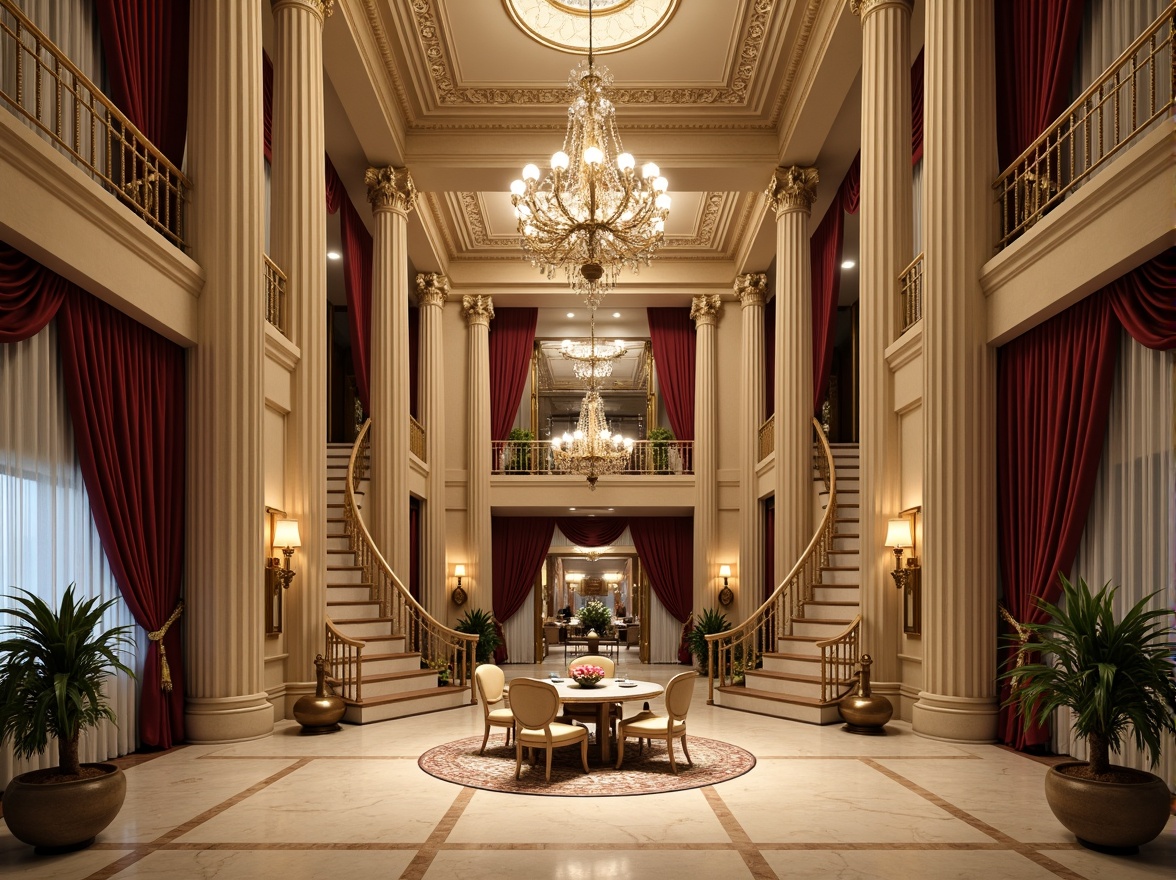 Prompt: Grandiose hotel facade, neoclassical architecture, ornate columns, intricately carved details, symmetrical composition, majestic entrance, opulent chandeliers, lavish furnishings, rich velvet drapes, gilded accents, marble floors, high ceilings, stately staircases, elegant balustrades, refined moldings, subtle lighting, warm beige tones, soft focus, shallow depth of field, 2/3 composition, realistic textures, ambient occlusion.