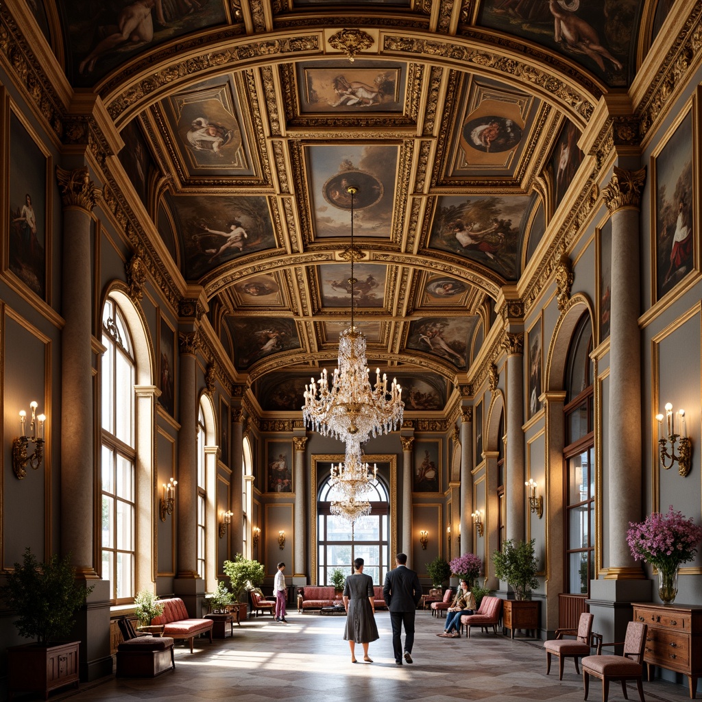 Prompt: Ornate Renaissance-style ceiling, intricate Baroque patterns, gilded details, ornamental moldings, fresco paintings, vaulted arches, grand chandeliers, crystal droplets, luxurious fabrics, rich wood tones, antique furnishings, majestic columns, marble floors, soft warm lighting, shallow depth of field, 1/1 composition, realistic textures, ambient occlusion.