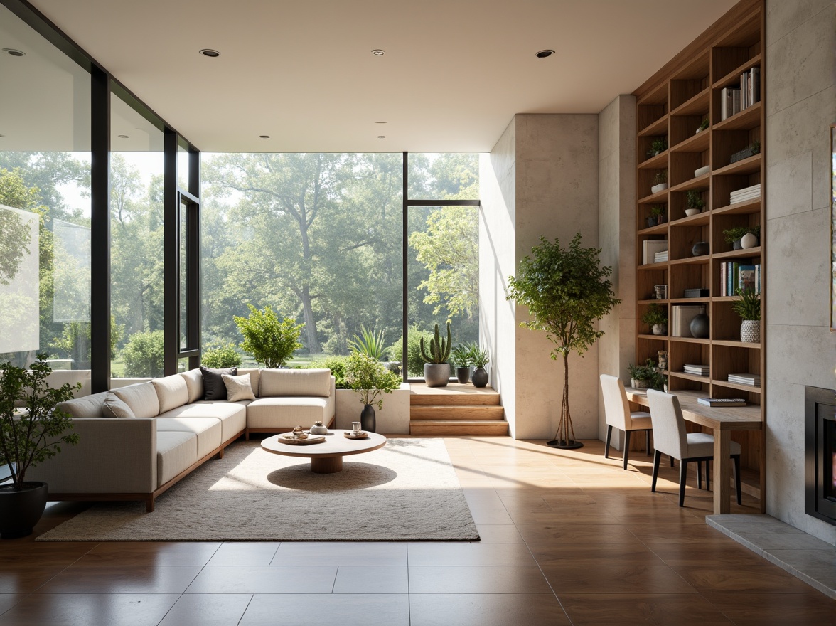 Prompt: Open-plan living space, minimalist decor, natural light pouring in, floor-to-ceiling windows, sleek wooden floors, modern furniture, geometric shapes, functional zones, efficient circulation paths, harmonious color scheme, textured walls, cozy reading nooks, built-in shelving units, ambient lighting, 1/1 composition, shallow depth of field, realistic renderings, atmospheric perspective.