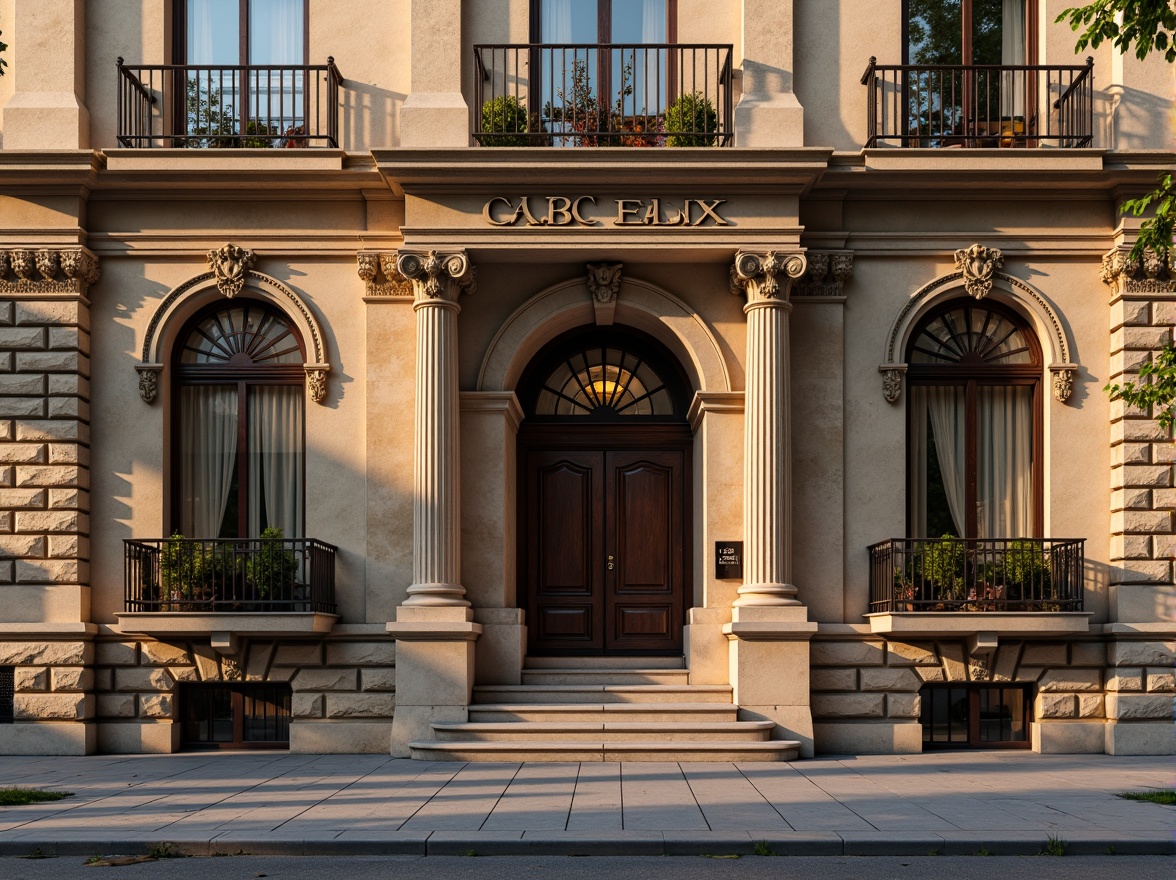 Prompt: Ornate bank facade, grandiose entrance, intricately carved stonework, ornamental columns, rusticated base, arched windows, decorative balconies, wrought iron railings, lavish moldings, richly textured stone walls, subtle color palette, warm golden lighting, soft focus, shallow depth of field, 1/2 composition, symmetrical framing, realistic textures, ambient occlusion.