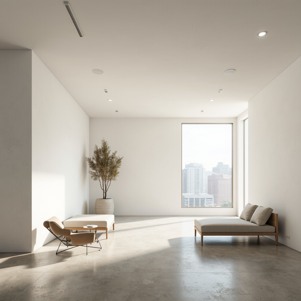 Prompt: Minimalist interior, empty space, natural light, white walls, polished concrete floors, sleek lines, geometric shapes, sparse furniture, low-profile seating, subtle textures, ambient shadows, soft warm lighting, shallow depth of field, 1/1 composition, panoramic view, realistic reflections, atmospheric perspective.