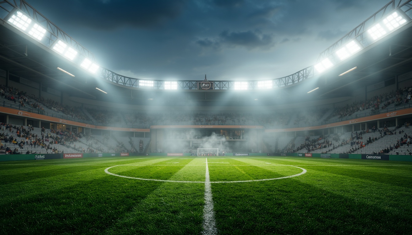 Prompt: Stadium atmosphere, lush green grass, athletic tracks, sports equipment, goalposts, floodlights, LED lighting, warm white tones, high-contrast shadows, dramatic spotlighting, misty evening air, soft focus, shallow depth of field, 1/2 composition, wide-angle lens, realistic textures, ambient occlusion.