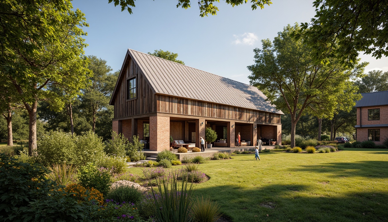 Prompt: Rustic barn, reclaimed wood textures, earthy tones, natural stone walls, corrugated metal roofs, wooden beams, vintage farm equipment, lush greenery, wildflowers, sunny day, soft warm lighting, shallow depth of field, 3/4 composition, panoramic view, realistic textures, ambient occlusion, sustainable materials, eco-friendly insulation, solar panels, rainwater harvesting systems, composting toilets, organic gardens, permaculture designs, natural ventilation systems.